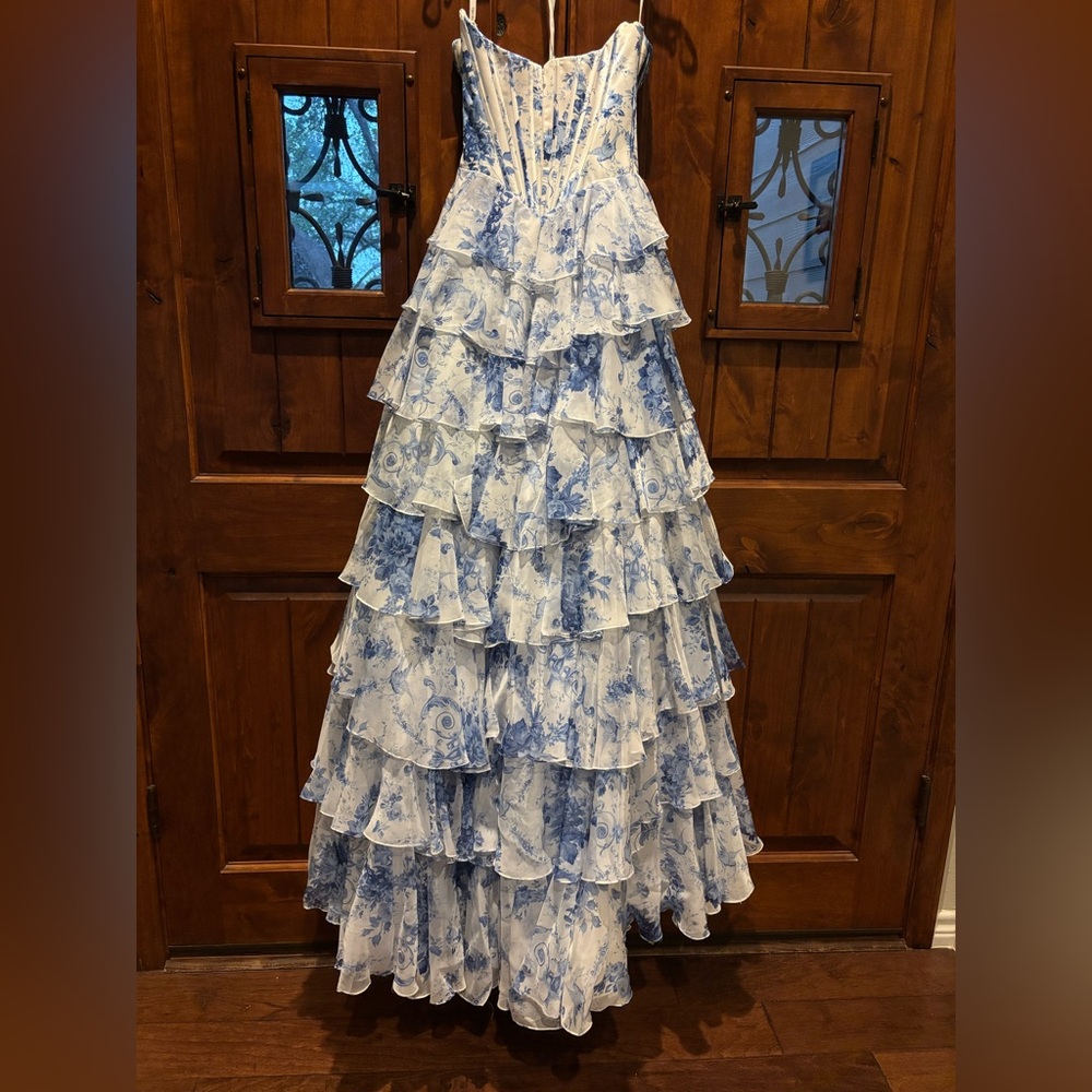 Sherri Hill Strapless Blue Floral Gown - Picture 9 of 16